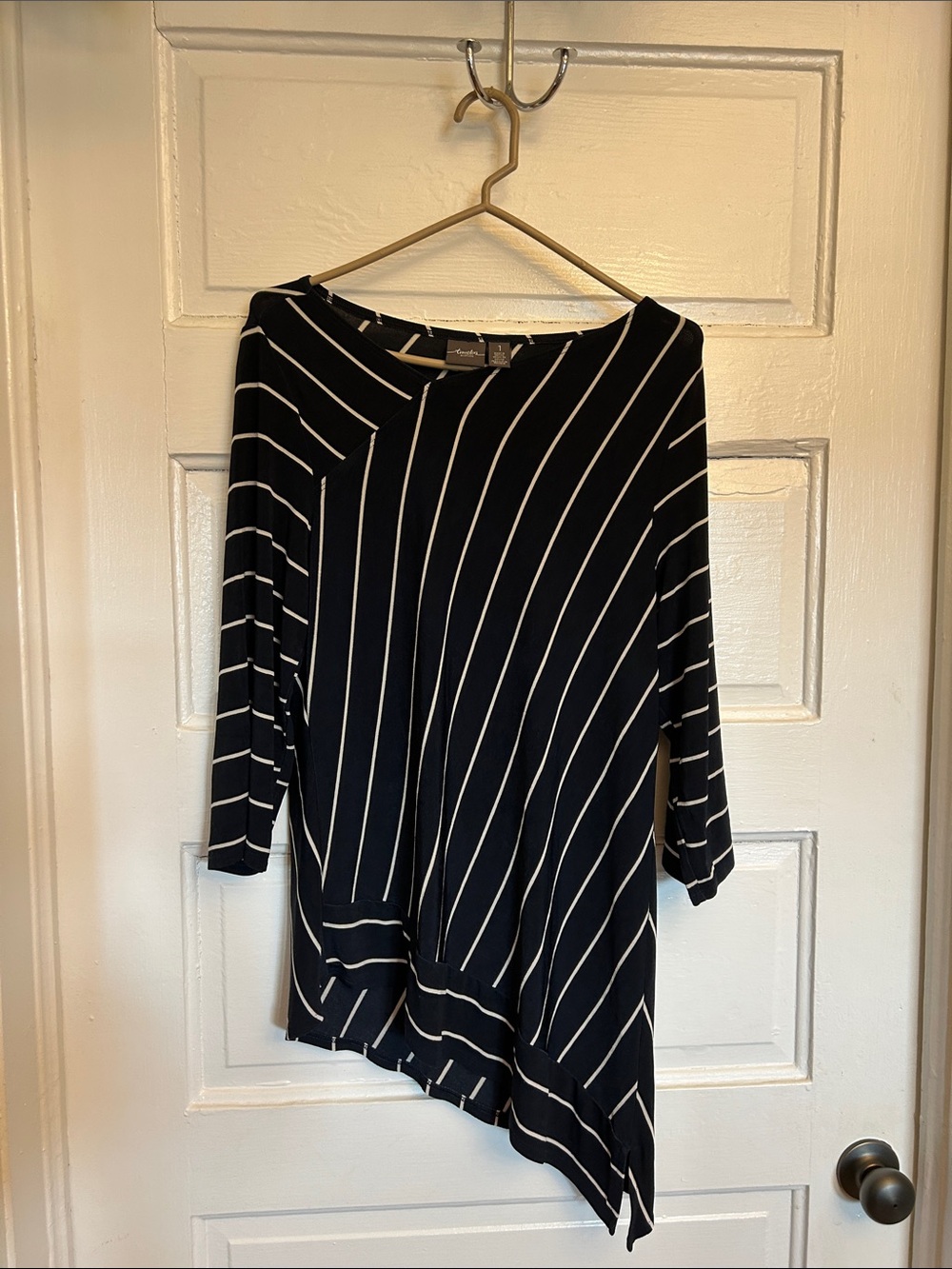 Chico's Navy & White Striped Asymmetrical Tunic Blouse.